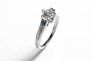 Modern vintage 14k white gold engagement ring with blue topaz custom made in Chicago