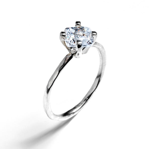 Cushion Cut Hammered Prong Solitaire Engagement Ring
