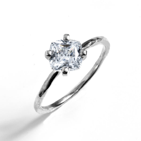 Cushion Cut Hammered Prong Solitaire Engagement Ring