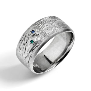 Tree-Textured Wedding Band with Faceted Stones